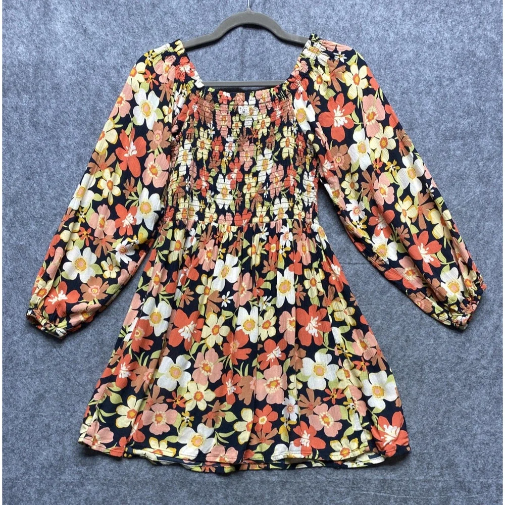 Billabong Dress Womens Large Black Floral Smocked Long Sleeve Boho Mini - Picture 8 of 9